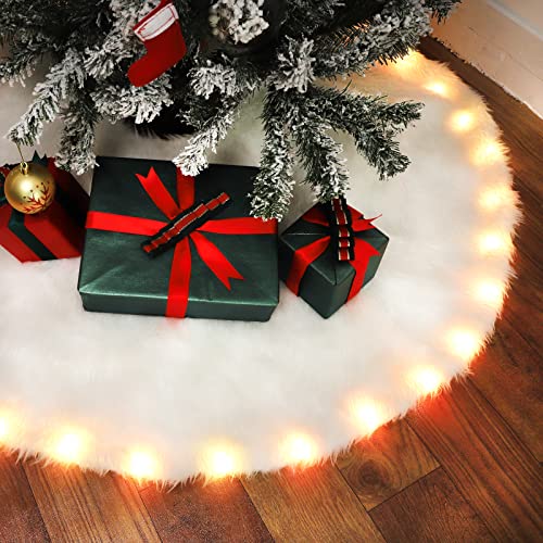 30 Inch Faux Fur Christmas Tree Skirt with LED Lights Soft Snow White Plush Tree Mat Christmas Decorations Fluffy Tree Skirts Xmas Holiday Party Indoor Decorations