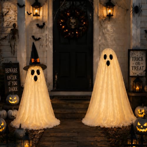 2 Pack Light Up Halloween Ghost Decorations Outdoor with Remote Control (Warm White)