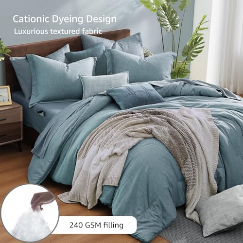 King Comforter Set 7 Pieces Dusty Blue Cationic Dyeing Bed in a Bag