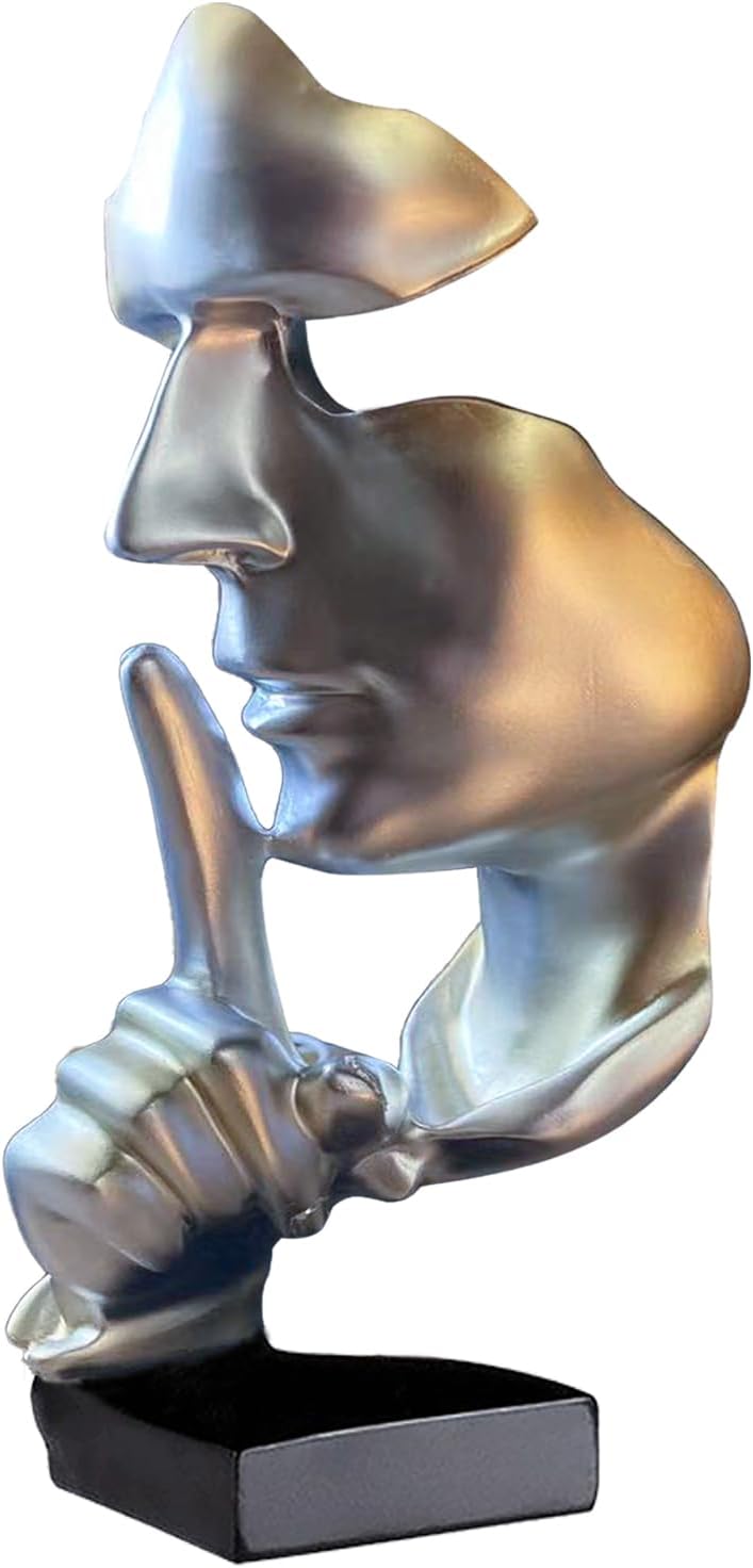 aboxoo Abstract Statues Silence is Gold Decorative Objects,Modern and Simple Resin Figurine,Desk Decoration for Office Home Piano Deco(Large Silver)
