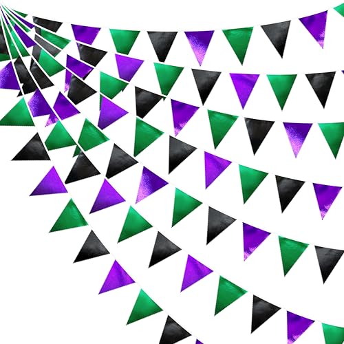 Black Purple Green Party Decorations Metallic Fabric Triangle Pennant Banner Flag Bunting for Boys Men Birthday Graduations Wedding Bachelorette Retirement Video Game Level Up Theme Party Supplies (36 Count)