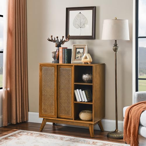 32" Mid Century Modern Rattan Sideboard Cabinet with 2 Sliding Doors