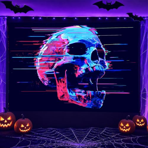 Blacklight Tapestry Cyberpunk Skull Wall Art 78 x 59 Inch