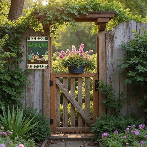 Funny Garden Signs for Outside Hoeing Ain't Easy Metal Tin Sign Personalized Decor Gift for Women Outdoor Yard & Shed Gardening Signs Garden Stuff for Outside 8x12 Inch