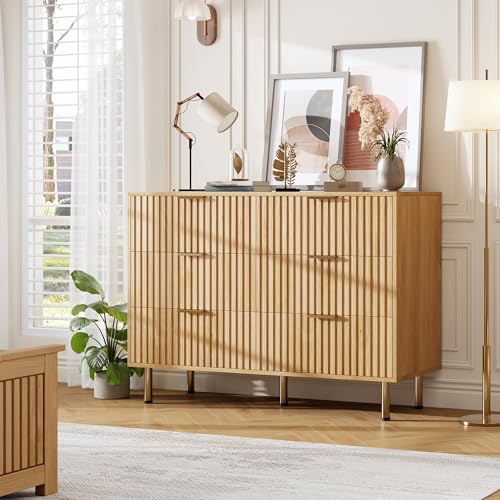 47.2" Fluted Natural 6 Drawer Dresser for Bedroom