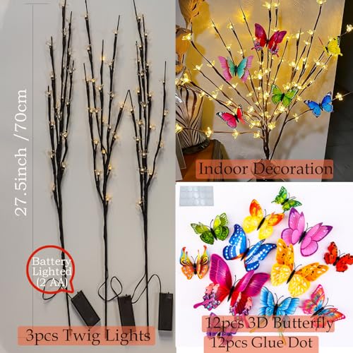60 LED Battery Lit Stems Flowers Butterfly Branch for Window Vase Decor