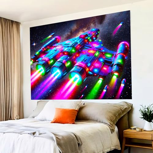 Blacklight Tapestry Spacecraft Galaxy UV Wall Art 78 x 59 Inch