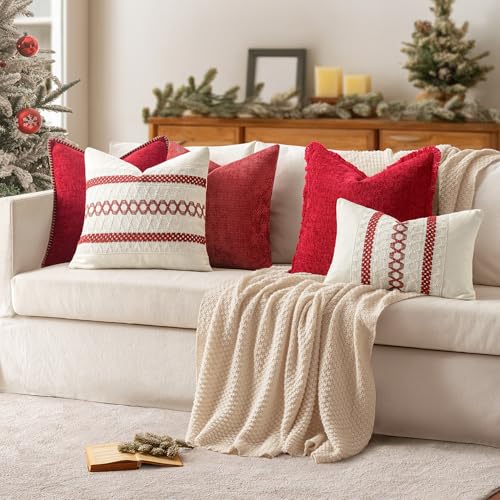 Set of 2 Christmas Red Boho Decorative Pillow Covers 18x18 Inch (2 Count)