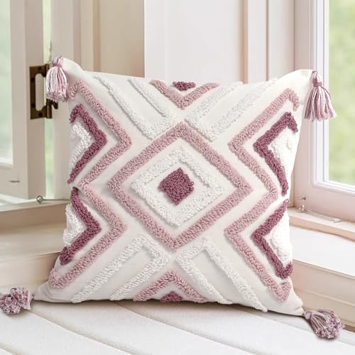 Boho Pillow Covers 18X18 Inch Boho Tufted Throw Pillow Covers Decorative Tassels Cushion Cover Farmhouse Pillow Case for Couch Sofa Bed Living Room Bedroom