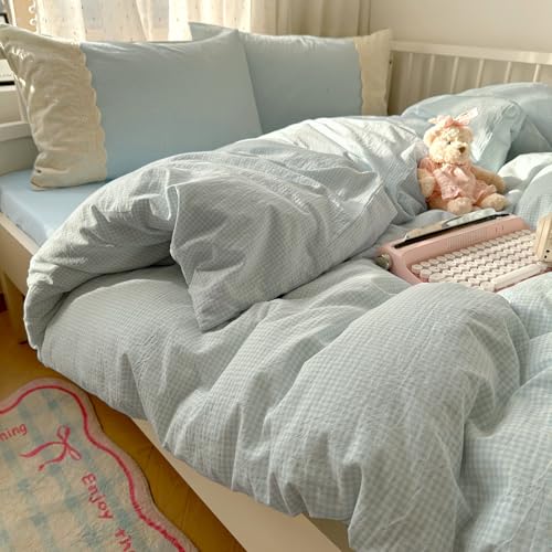 Blue Gingham Comforter Set Full Size Romantic Lace Style Checkered Plaid Comforter Set 3 Pieces Blue Grid Bed Comforter with 2 Pillowcases Soft Fluffy Farmhouse Plaid Gingham Bedding Set
