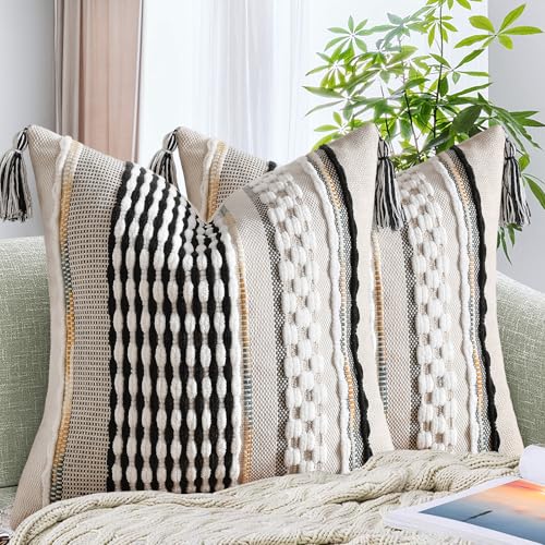 Set of 2 Chenille Striped Textured Boho Throw Pillow Covers Aesthetic with Tassels Woven Decorative Pillow Case for Couch Bed Sofa Bedroom Modern Funky 18 x 18 (2 Count)