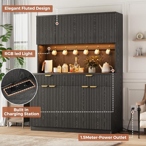 Fluted Kitchen Pantry Storage Cabinet with Charging Station & LED Lights
