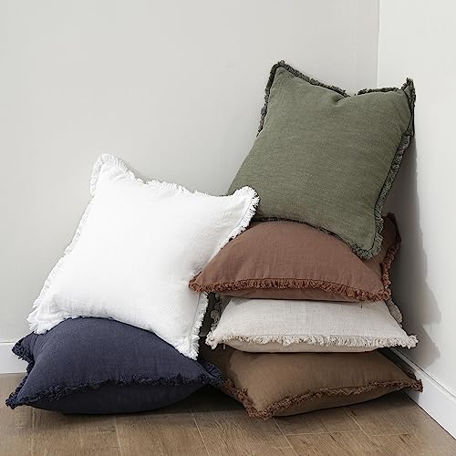 Boho Linen Fringe Lumbar Throw Pillow Covers 12×24 Olive Green (2 Count)