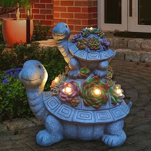 Large Turtle Solar Garden Outdoor Statues with Succulent and 6 LED Lights