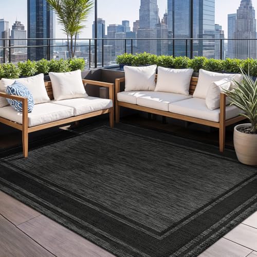 Large Outdoor Rug 9x12 Modern Bordered Area Rugs for Indoor and Outdoor Patio Deck Porch Garden Waterproof Weather Sun Resistant Washable Outside Carpet (108 Sq Ft)