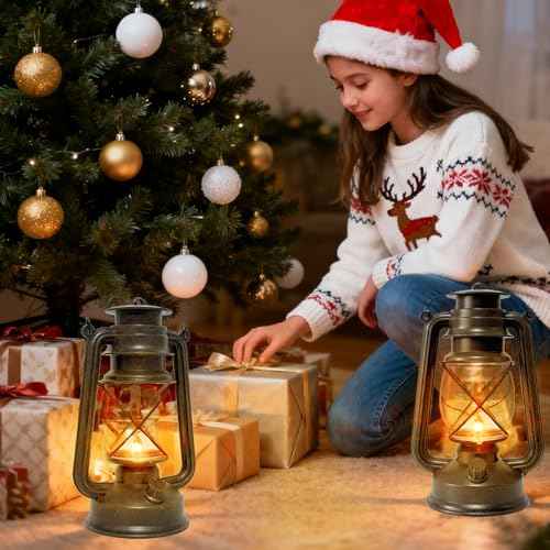 2 Pack LED Vintage Lantern Battery Powered Lanterns with Flame Wick Waterproof Camping Lamp Vintage LED Flame Lamp Hanging Lantern Lights Landscape Patio Garden Pathway Decor for Indoor (2 Count)
