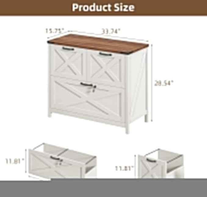 Vabches Lateral File Cabinet with 3 Drawers, Farmhouse File Cabinet with Lock for Letter/A4/Legal Size Hanging Files, Wood File Storage Cabinets Printer Stand for Home Office Cabinets, Rustic White