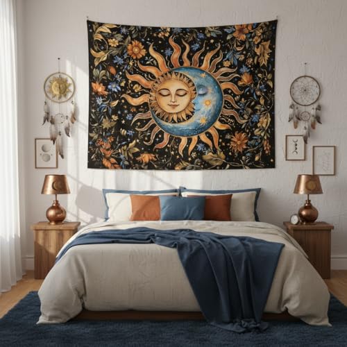 Sun and Moon Tapestry for Bedroom Boho Vintage Floral Hippie Wall Tapestry Aesthetic Retro Flower Plant Large Tapestries Wall Hanging for Living Room Dorm Decor 90 x 68 Inch