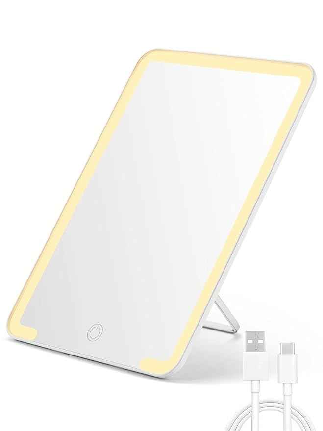 OMIRO Travel Makeup Mirror with Light, 10 x 7 inch Lighted Desk Mirror with Adjustable Stand and 3 Lighting Modes for Shaving and Travelling, White
