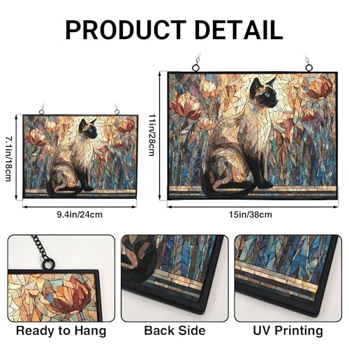 Rectangle Mosaic Siamese Cat On Windowsill Stained Glass Window Hanging Sun Catcher Halloween Haning Ornament Decoration Christmas Birthday Gifts for Lover