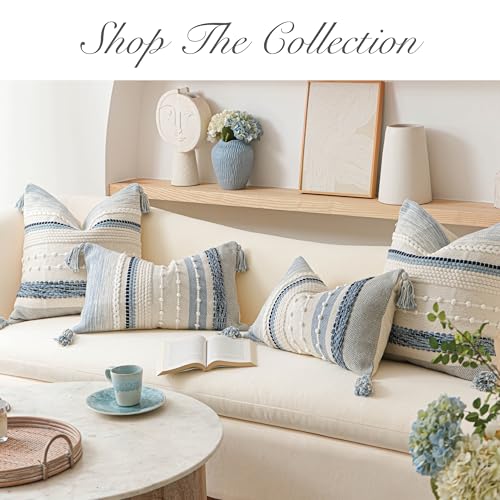 Coastal Blue Boho Decorative Throw Pillow Cover 20x20 Modern Bohemian Accent Pillow Case Square Woven Textured Farmhouse Pillows for Couch Bed