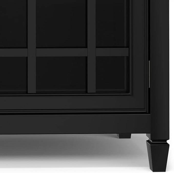 SIMPLIHOME Connaught Storage Cabinet - 60 inch Wide Solid Wood Buffet in Black, Traditional Sideboard for Dining Room, Entryway, or Living Room with Glass Doors, Adjustable Shelves, and Notched Legs