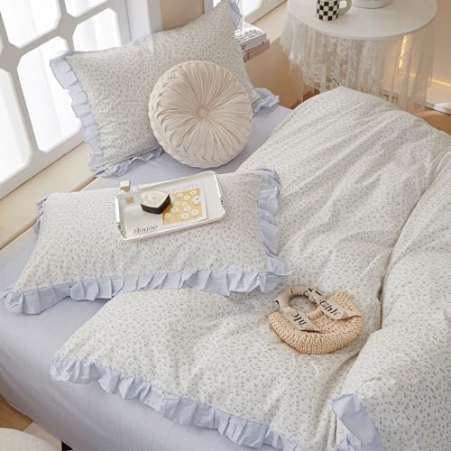 Twin XL Comforter Set Blue Floral Bedding Comforter Fluffy Soft Microfiber Cottagecore Bedding Set Floral Ruffle Comforter with 2 Pillowcases Cute Flower Botanical Comforter Set for Teen Girls (3 Piece Set)