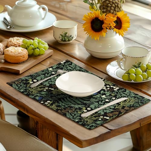 Black Sage Green Leaves Placemats Set of 4 Vintage Botanical Fern Leaf Floral Place Mats Farmhouse Heat Resistant Washable Kitchen Dining Linen Table Mats for Home Party Decor 12x18 Inch (4 Count)