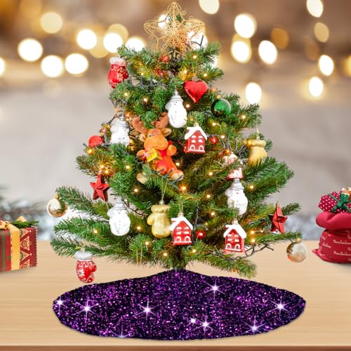 Purple Christmas Tree Skirts 21 Inch Mini Xmas Tree Skirt with Velvet Fabric Luxury Shiny Christmas Tree Mat Round Table TopTree Blanket Decoration for Happy New Year Christmas Party Holiday Birthday