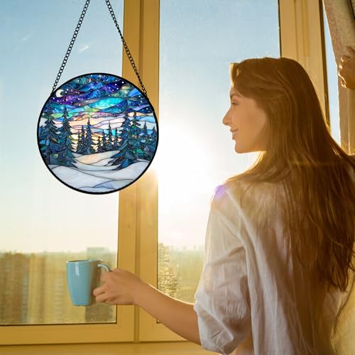Aurora Winter Forest Stained Glass Window Hanging Suncatcher Gifts 12"