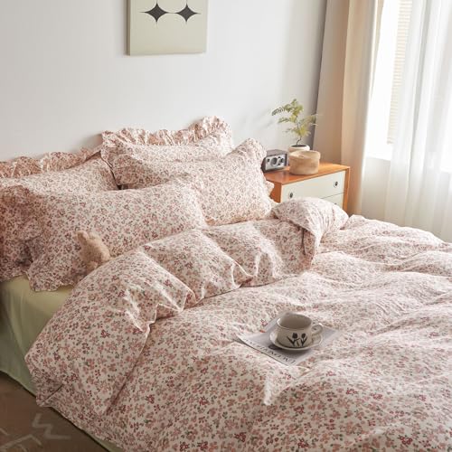 Pink Red Flower Comforter Set King Vintage Garden Style Blooming Floral Comforter with 2 Ruffle Pillowcases Aesthetic Floral Bedding Set Soft Fluffy Cottagecore Comforter Set for Girls Women