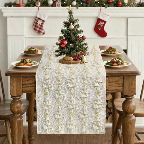 Christmas Table Runner Christmas Trees Beige Soft Plush Faux Fur 13x72 Inch (6.5 Sq Ft)