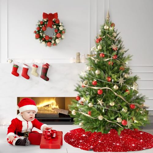Red Christmas Tree Skirt Mini Glitter Tree Skirts 21 Inch Sequin Xmas Tree Skirt Thick Velvet Tree Mat Small Sparkly Tree Skirts Bling Christmas Tree Skirting Collar for Winter Holiday Decor