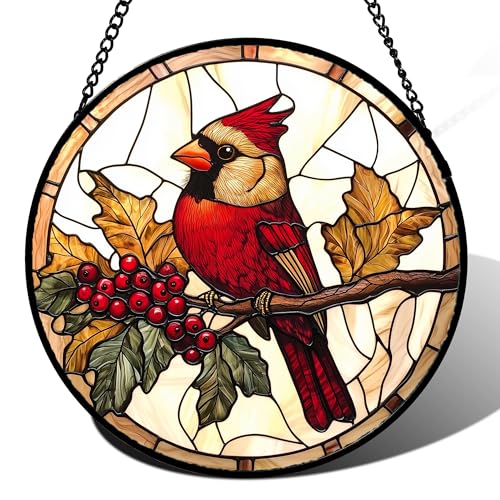 Festive Cardinal Berry Stained Glass Window Hanging Suncatcher Gifts 15"