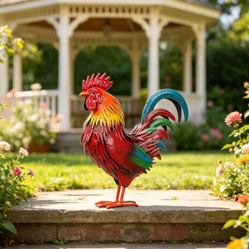 Rooster Garden Statue Sculpture Metal Chicken Yard Decor Outdoor Figurines Patio Backyard Decoration