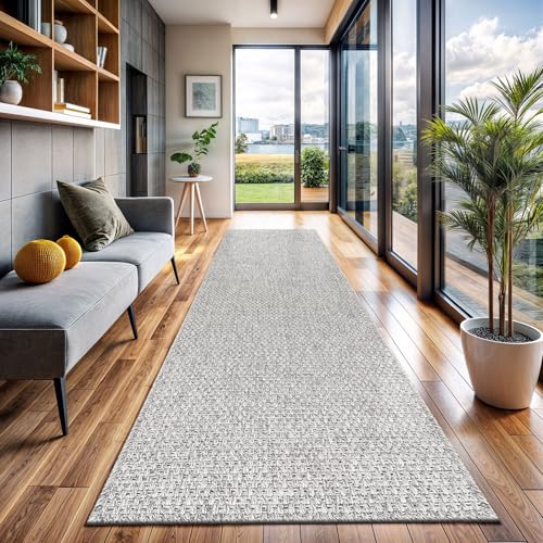 Indoor and Outdoor Runner Rug Gray Solid Boho Woven Design Easy (14 Sq Ft)