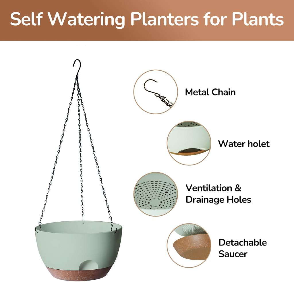 12 Inch Hanging Baskets for Plants Outdoor, Hanging Planters for Indoor Outdoor Plants, Hanging Planter with Self Watering, Hanging Flower Pots (Green)