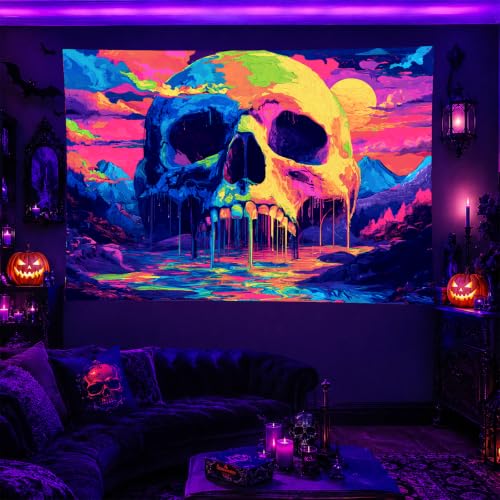 Blacklight Tapestry Melting Skull Neon Wall Art 78 x 59 Inch