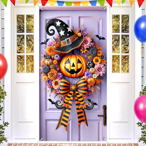 Halloween Witch Pumpkin Door Cover 35x71 Inch Fabric
