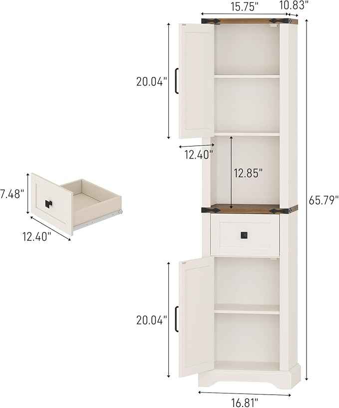 Vabches 66" Tall Farmhouse Bathroom Storage Cabinet with Barn Doors and Drawer, Narrow Storage Unit, Adjustable Shelves & 5-Tier Space, Freestanding Cabinet for Bathroom, Living Room, Kitchen