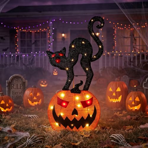 30" H Halloween Black Cat on Pumpkin 2D Lighted Yard Outdoor Decor (Pumpkin & Black Cat)