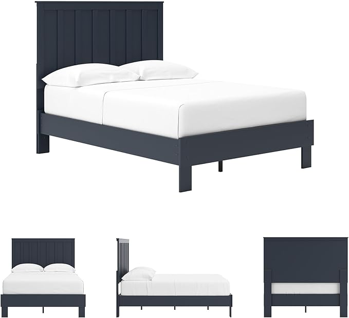 Signature Design by Ashley Simmenfort Casual Full Platform Bed, Matte Finish, Shaker Style, Navy Blue, Shiplap-Style Headboard, Coastal, Adjustable Height, Foundation or Box Spring Not Needed, Blue