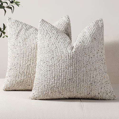 Striped Throw Pillow Covers 18x18 Set of 2 Cream Grey Textured Boucle Chic Morden Boho Accent Farmhouse Square Decorative Couch Pillow Covers for Home Decor Bed Sofa Living Room (2 Count)
