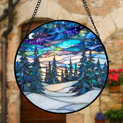 Aurora Winter Forest Stained Glass Window Hanging Suncatcher Gifts 12"
