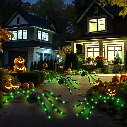 4 Pack Large Halloween Light up Spiders Decorations 4ft 2.9ft 2.4ft 2ft Black Fake Giant Light up Spider Bendable Outdoor Yard for Halloween Garden Party Decor (Green)