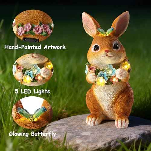 Solar Garden Statues Outdoor Bunny Decorations with Butterfly & Flowers Gifts for Mom