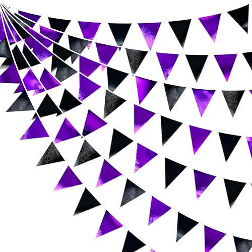 Purple and Black Party Decorations Metallic Fabric Triangle Pennant Banner Flag Bunting Garland for Graduations Birthday Retirement Wedding Baby Shower Bachelorette Halloween Outdoor Party Supplies (36 Count)