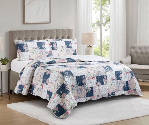 Pink Rose & Blue Toile Patchwork Quilt Set