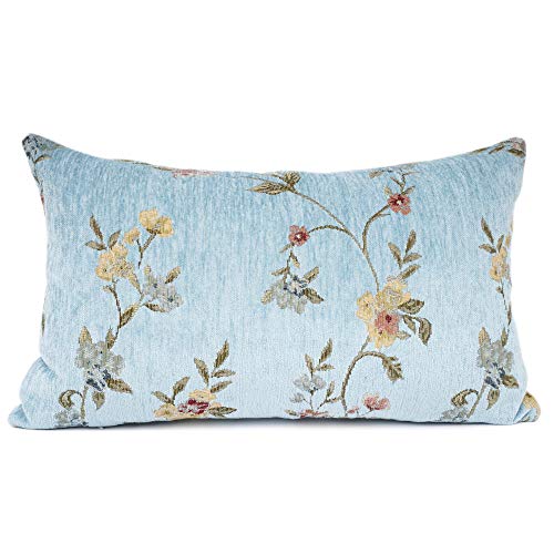 Classical Embroidery Jacquard Farmhouse Oblong Rectangle Chenille Teal Floral Pattern Decorative Throw Pillow Case