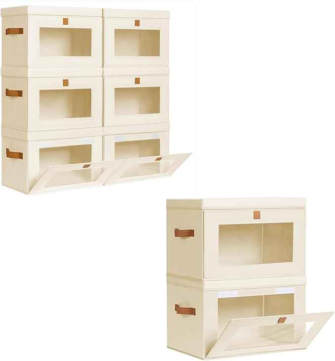 Fabric Storage bins - Collapsible Storage Bins with Open Window, Closet Baskets for Shelves, Stackable Decorative Boxes for Home, Dorm, Beige 6 Pack & 2 Pack